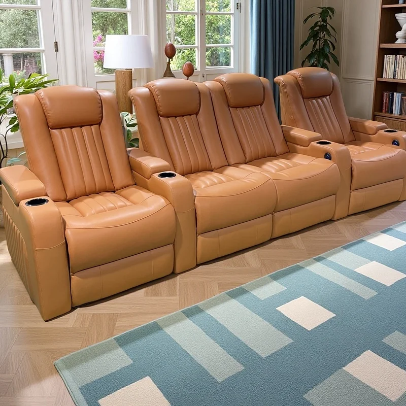 *Hot-selling Movie Theater Power Recliner Armchairs Cinema Sofa Orange Leather For Living Room Villa Basement Seating