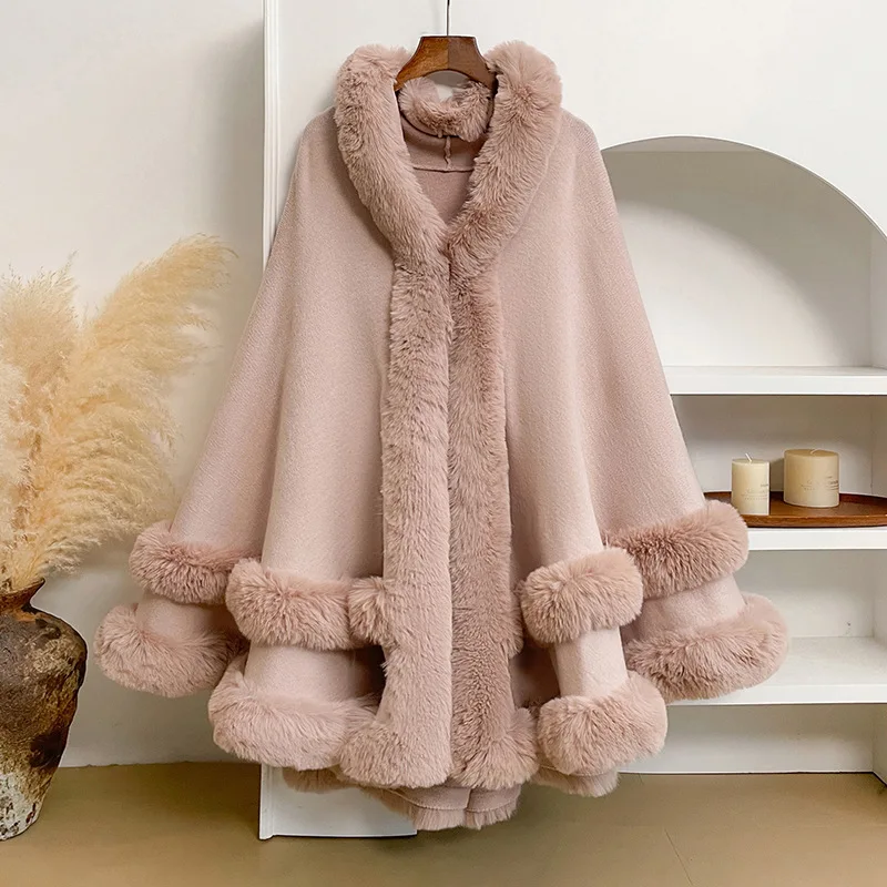 Damen Cape-Mantel mit Kunstfellbesatz, Kapuze, lockerer Poncho-Umhang, eleganter, warmer Strick-Schal, Winter-Oberbekleidung für Abendpartys – Detail 5