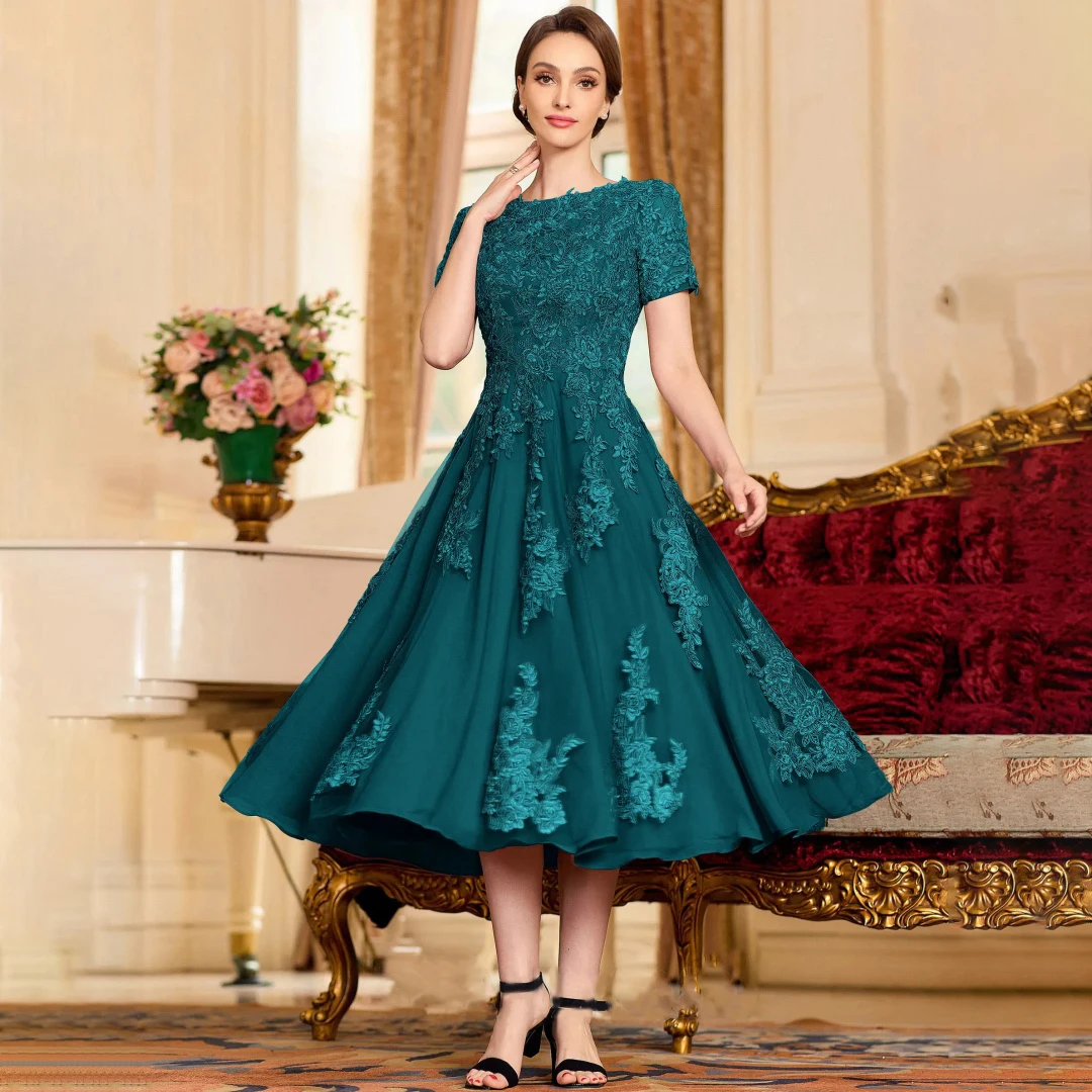 

Tulle Mother of the Bride Dresses Classic Appliques Short Sleeve A-line Tea-Length Wedding Guest Evening Gowns vestidos de noche