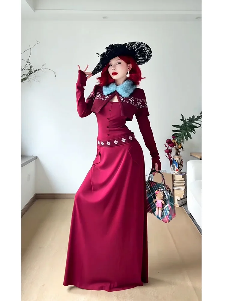 

Red Fair Isle Cross Stitch Retro Knitted awl ort Jaet Long Sve Dr Slim Fit Two Piece Set High Waist A-Line Skirt