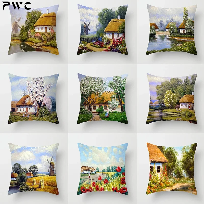 

Single-sided Printing Oil Painting Pillowcase American Country Landscape Bird Flower Cushion Cover Vintage Sofa Chair Home Decor