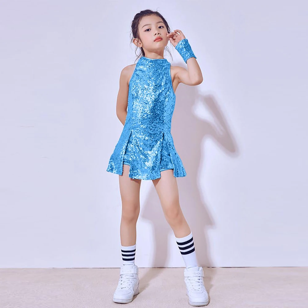 LOlanta 5-12 Years Girls Sequins Cheerleading Dress with Socks Jazz Modern Street Dance Hip-Hop Performances Costumes