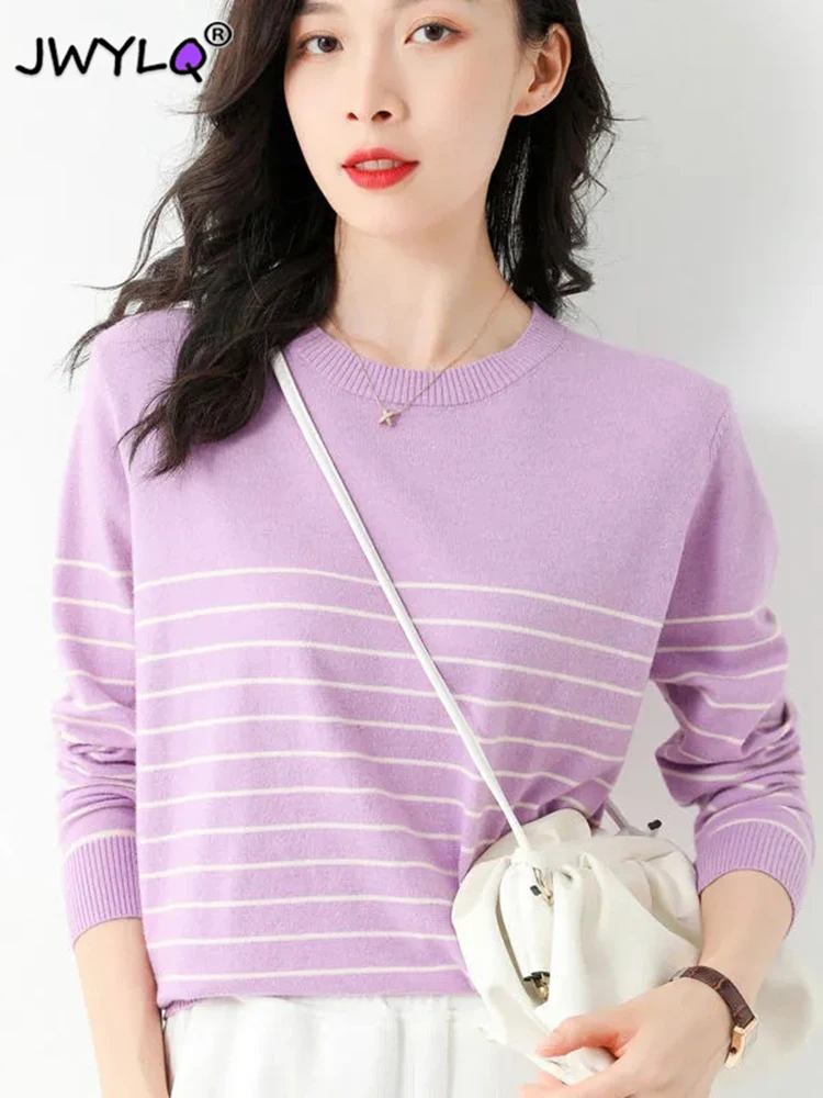 

2023 Spring Autumn O-neck Stripe Splicing Pullover Sweater Women Simple Long Sleeve Knitted Top All-match Loose Women Clothing