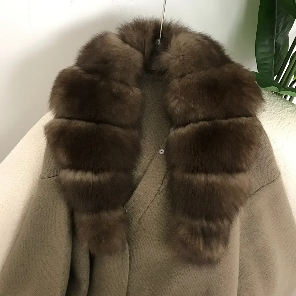 Echte Fuchs Haut Kragen Neue Faul Mode Dicken Langen Fuchs Pelz Kragen Strickjacke Gestrickte frauen Natürliche Fuchs Haut Lose mantel