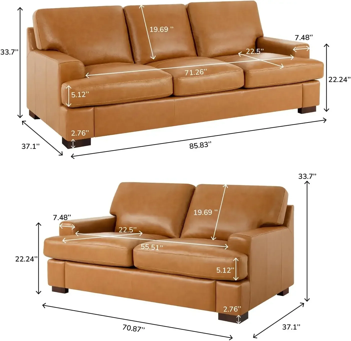 Genuine Leather Sofa for Living Room Luxurious Comfort Goose Feather Cushion Filling Square Arm Design Sturdy Block Legs Tan