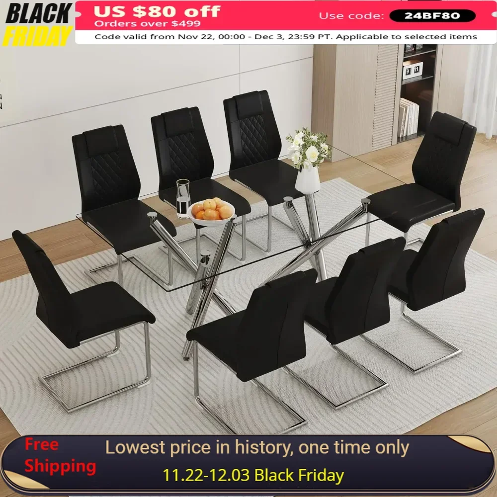 9 Piece Dining Table Set,Tempered Glass Top Dinners Tables and  Modern PU Leather High Back Side Chairs Set,Dining Room Sets