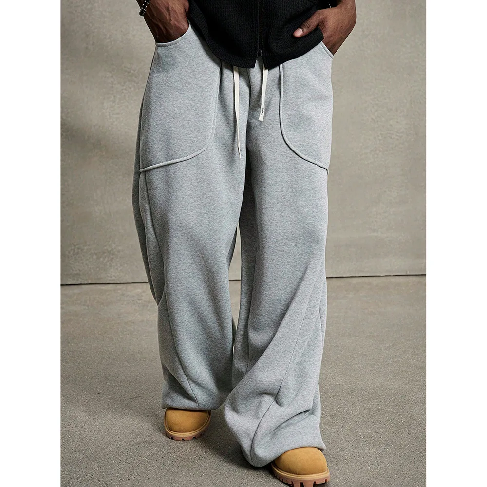 

European American New Fashion Men's Solid Color Grey Loose Casual Trendy Simple Daily Wide Leg Drawstring Sports Trousers Male