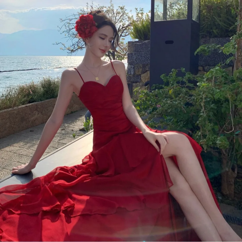 blue dress for baby girl Elegant Spaghetti Straps Vintage Lace Red Dress Women Birthday Outfits  P1005