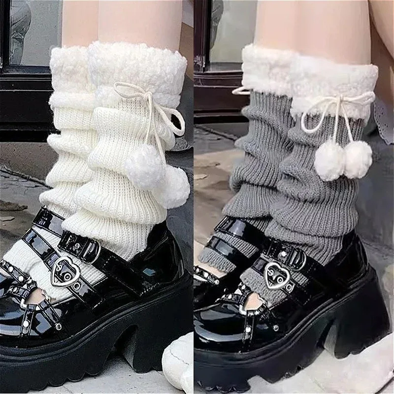 محبوك الساقين دفئا مع الكرة القوس الجوارب الطويلة الفتيات Y2K الدانتيل لوليتا جورب العجل T على شكل الدانتيل الساق القرن تدفئة النساء