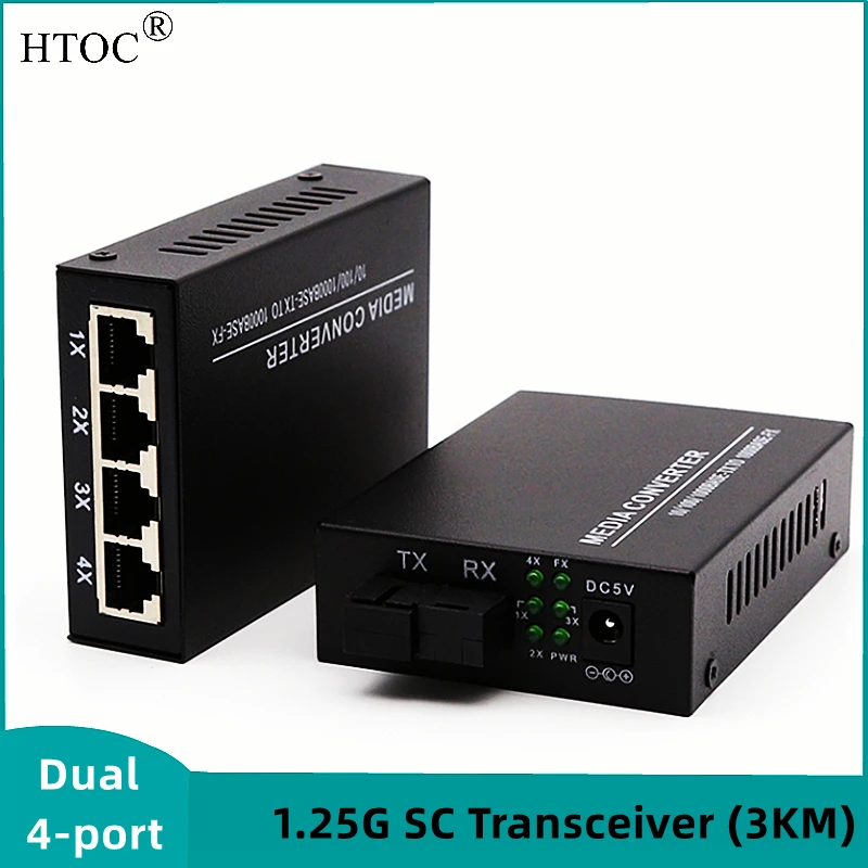 

HTOC Double Ended 4 Port RJ45 Gigabit Ethernet Fiber Media Converter Built-in UTP Module SC 10/100/1000M Single Mode (3KM)