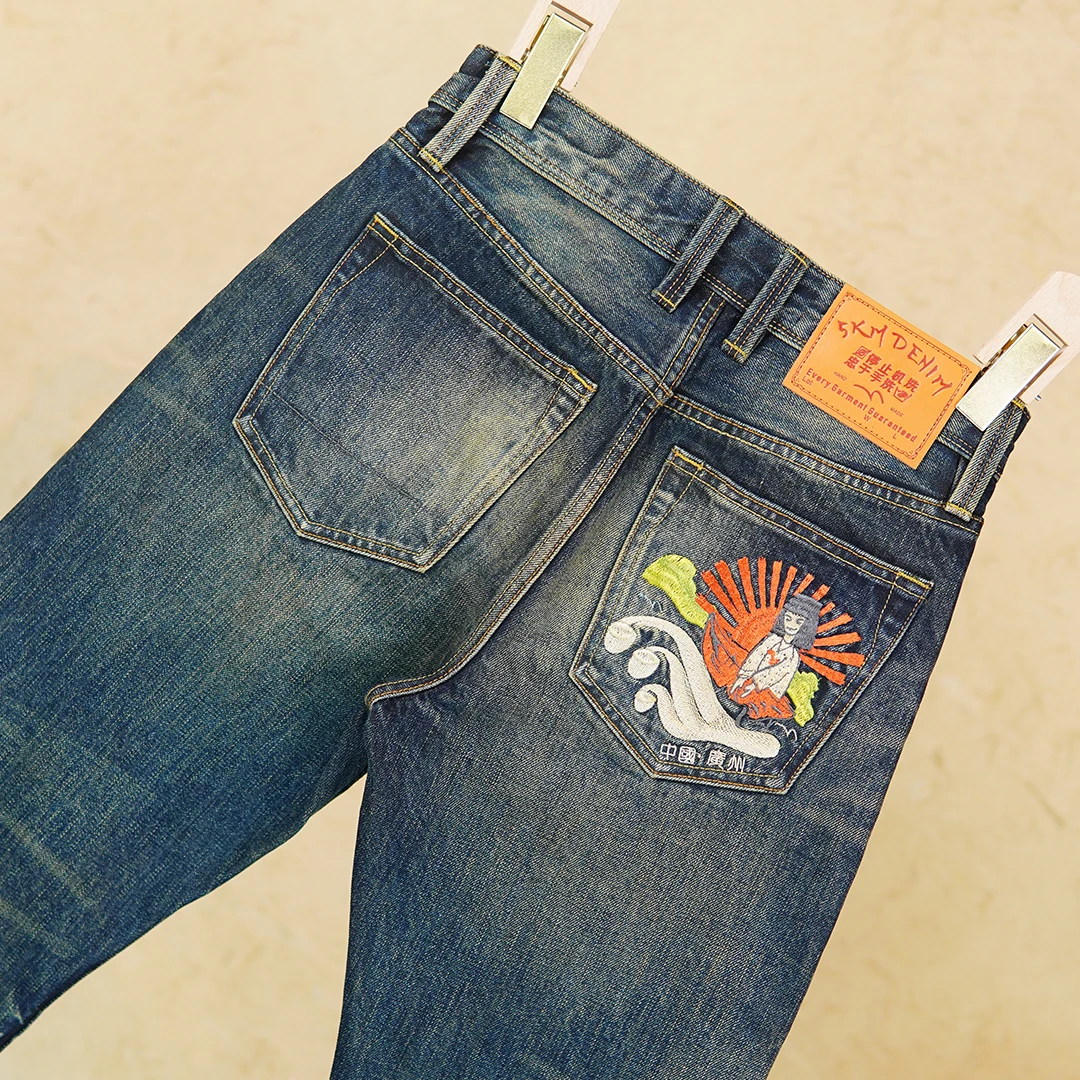 جينز رجالي من القطن 100% Selvedge من قماش الدنيم - 16 أونصة مطرز ثقيل الوزن أمريكي عتيق مغسول بأرجل مستقيمة لخريف 2025 5 كجم #5