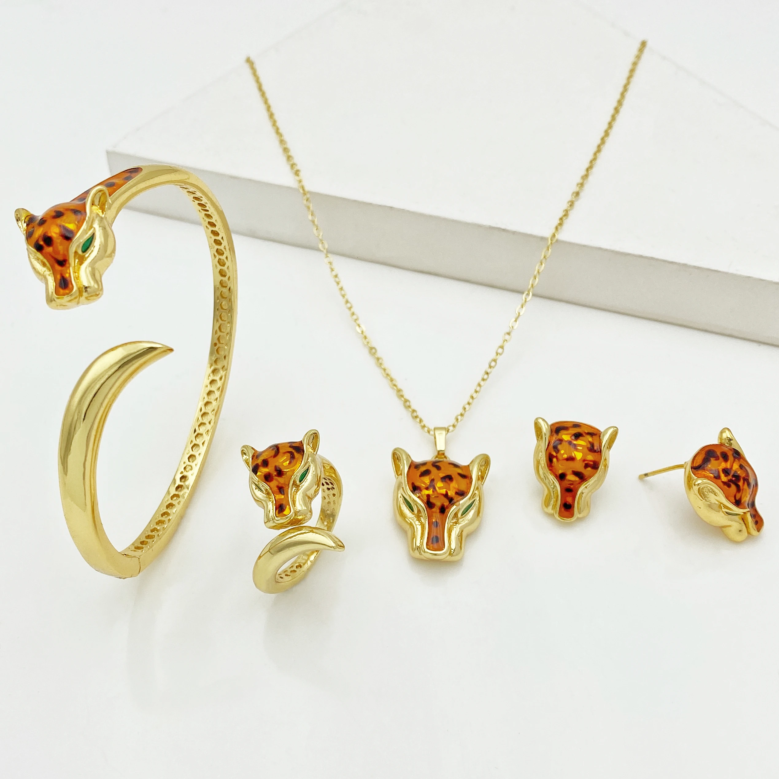 Leopard Head Inlaid Woman 4pcs-sets Plated Golden Wedding Bridal Jewelry Sets For Women  Party African Dubai  Gift