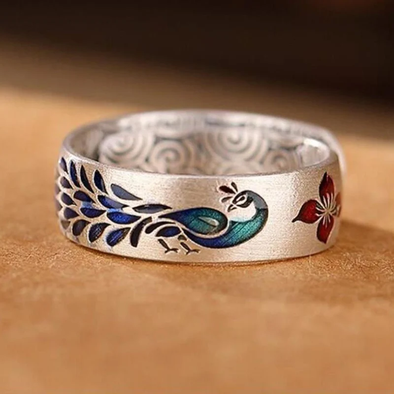 Thai Silver China-Chic Enamel Lotus Peacock Auspicious Cloud Pattern Ring Retro Versatile Women's Rings KOFSAC