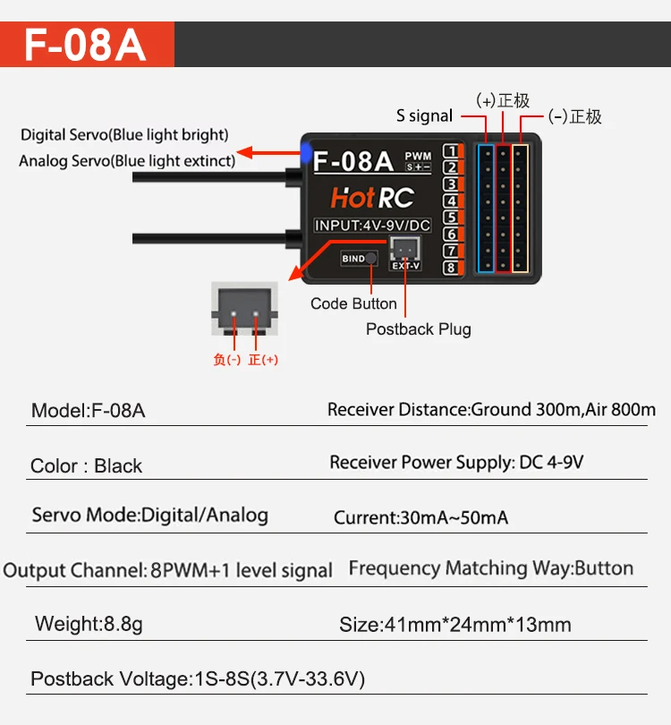 HOTRC 8 Channel 8CH Transmitter Remote Control 2.4Ghz Voltage Return Gyro Receiver for CT-8A HT-8A RC Car Boat Tank Plane Drone