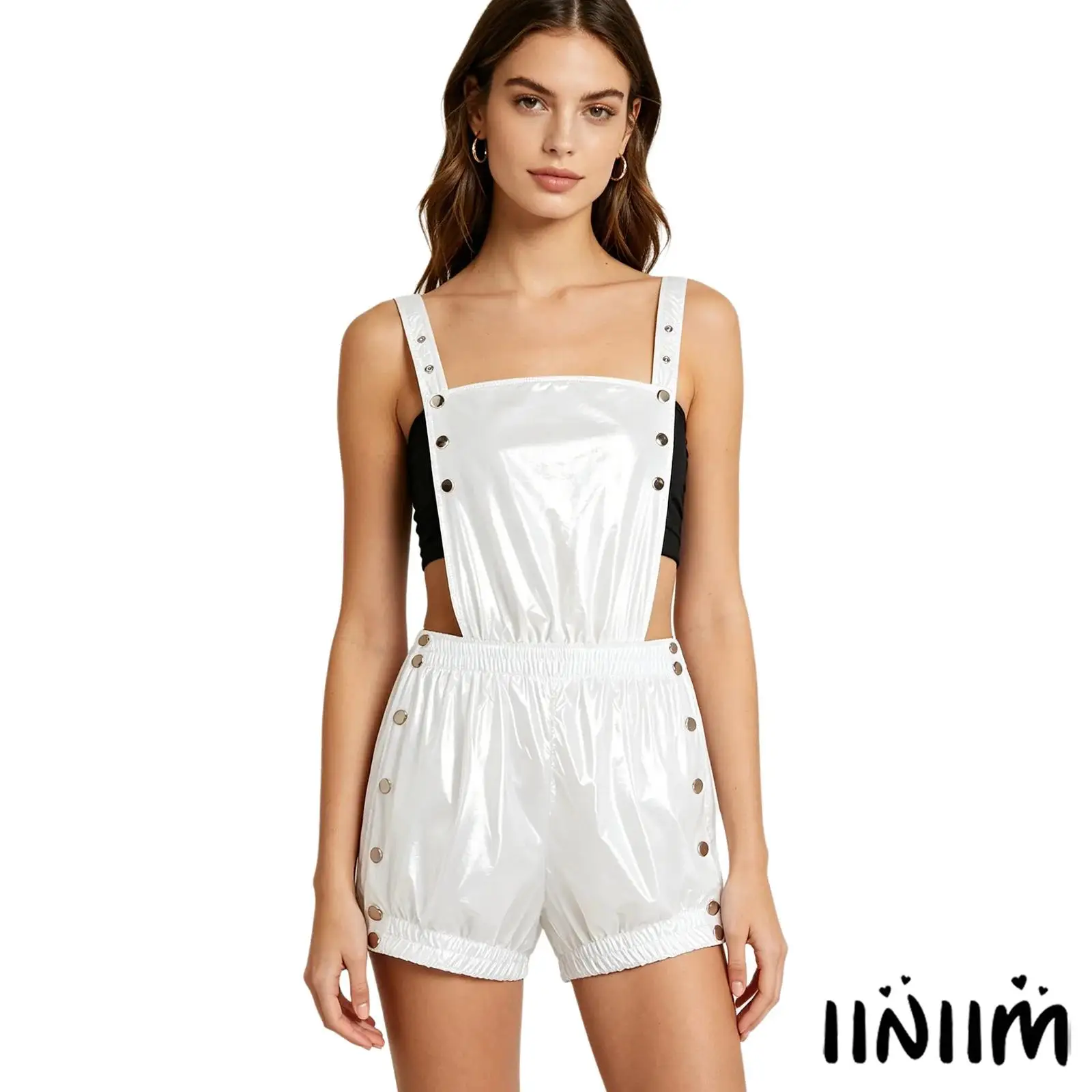 

Women Casual Romper Waterproof Tear Away Press Button Ruffled Trim Elastic Waist Backless Overalls for Nightclub Single Party