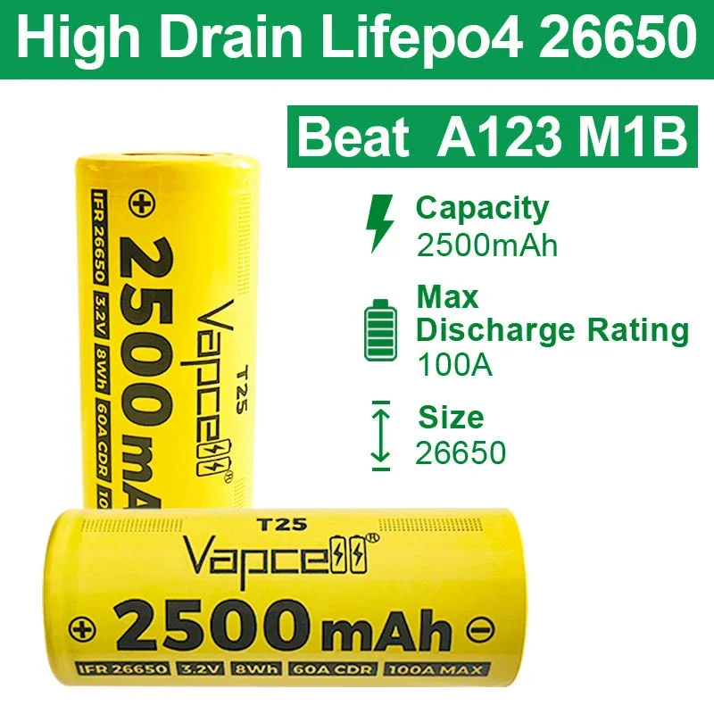 بطاريات ليثيوم أصلية Vapcell 26650 T25 2500mAh CDR 60A MAX 100A 3.2V خلية Lifepo4 26650 للأدوات الكهربائية