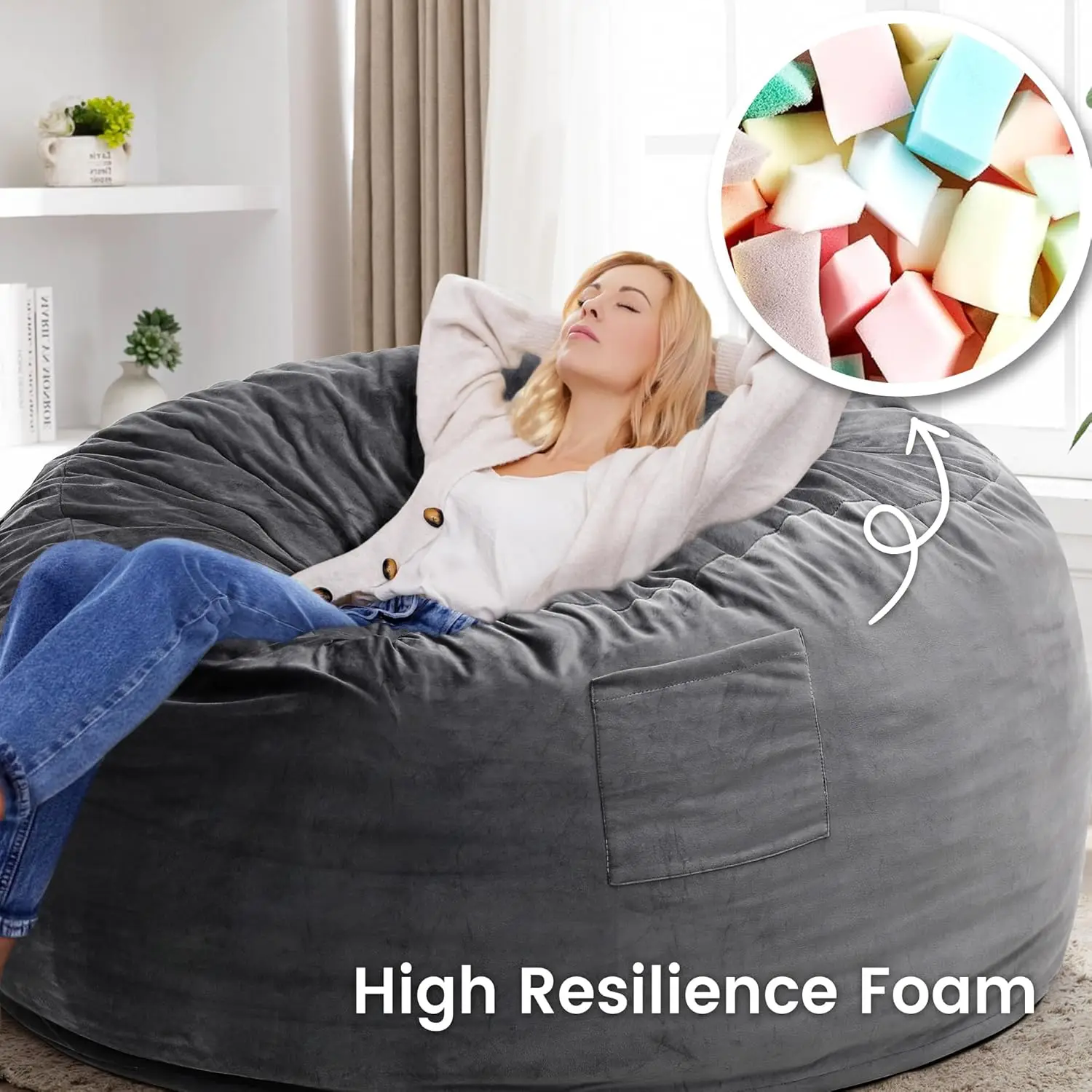 4FT Large Machine Washable Dutch Velvet Bean Bag Chair Complete Memory Foam Filling for Adults Living Room Den Bedroom Dark Grey