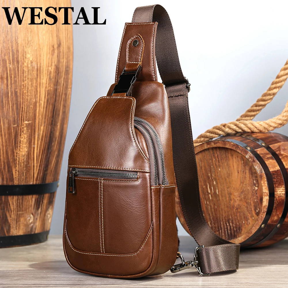 WESTAL Genuine Leather Sling Bags Men Zipper Designer Chest Pack for 7.9'' Tablet, Travelling Chest Bags for Phone Messenger Bag