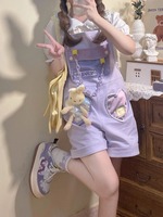Kawaii Japanese Girls Overalls 2025 Women Clothing Sweet Purple Strap Outfits Chic Casual Y2k Short Suspender Pants