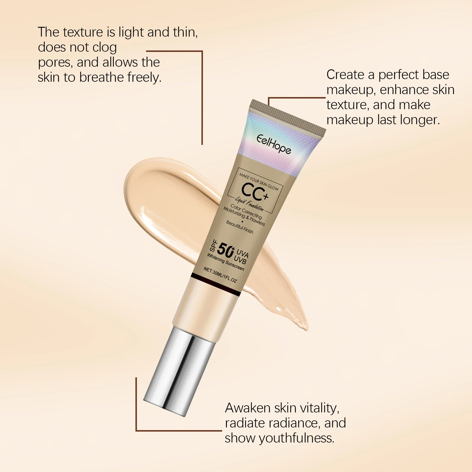 CC Cream with Spf50+ Color Correcting Full Coverage Concealer Lightweight Foundation Waterproof Soothe Hydrate Pre-Makeup Primer