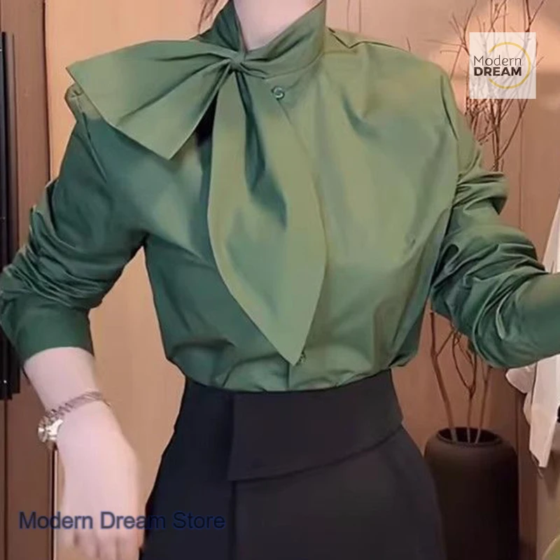 Korean version of loose wild bow tie bottoming shirt women's spring and autumn new fashion chiffon sweater casual long sleeves.