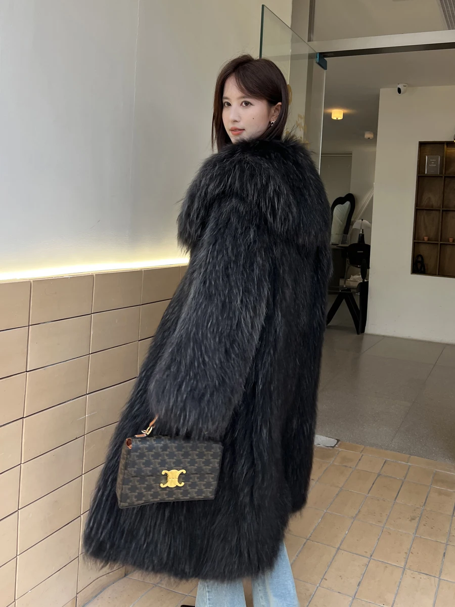 Fashion Sailor Collar Young Double-Sided Woven Raccoon Fur Coat for Women 2023 Winter New Mid-Length Over-the-Knee Furry Jacket