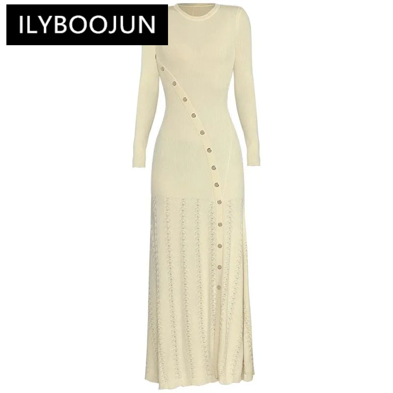 

ILYBOOJUN Fashion Women's New Round Neck Long Sleeved Button Elastic Waist Knitted Slim-Fit Hip Wrap Pullover Vintage Maxi Dress