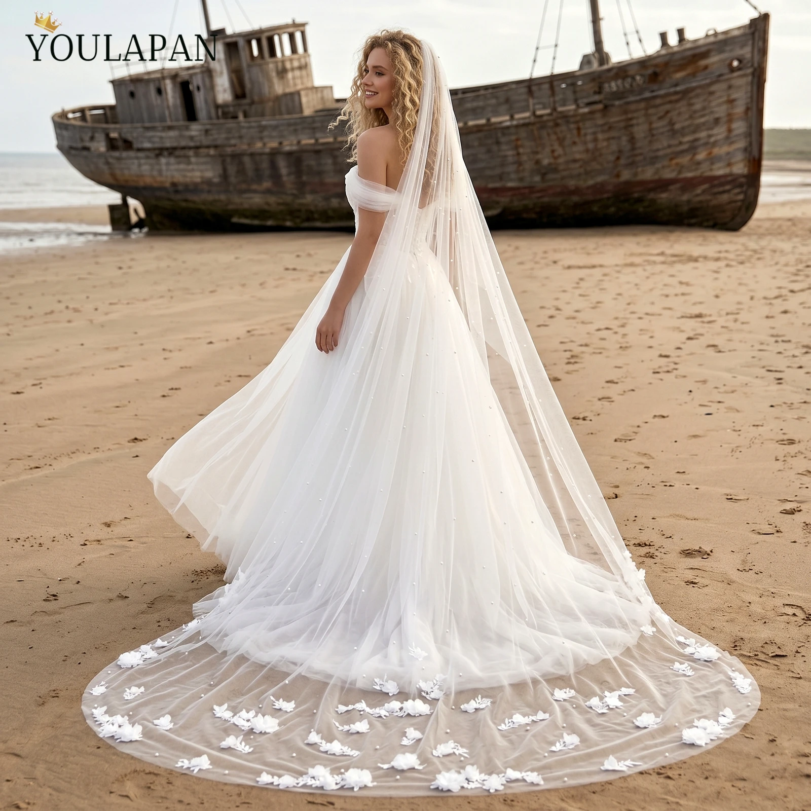 TOPQUEEN V52 3D Flowers Veu de Noiva Wedding Veil with Pearls  Bridal Veils Long Train Bridal Shower Veu Of Bride 3 Meter Veu de