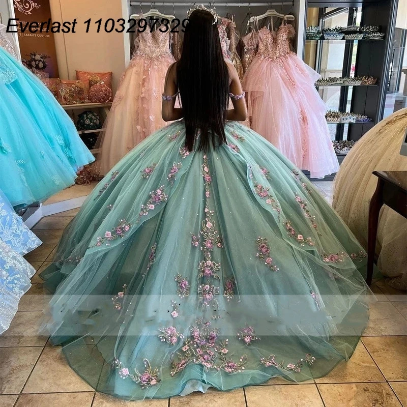 EVLAST-Vestido Quinceanera Verde, Laço Floral 3D, Espartilho Beading, Beading Mexicano, Vestido de Baile Rosa, Sweet 16, TQD757