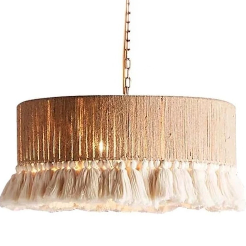 

40/50/60cm Boho Coastal Rattan Hemp Rope Chandeliers Drum Pendant Lights Fixture Round Wicker Basket Woven Ceiling Hanging Lamps