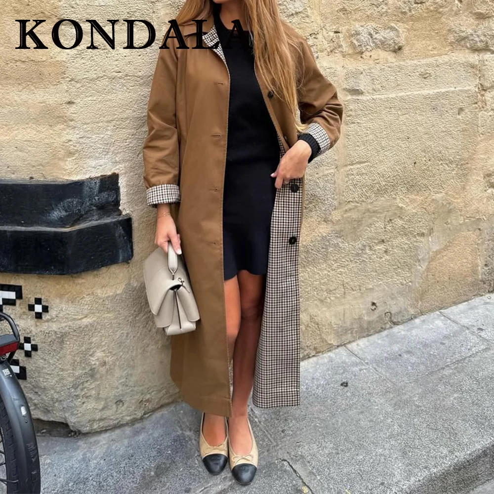 KONDALA 2025, Herbst Casual Frau doppelseitige Reversible Graben Mantel Plaid Einreiher Mode Taschen Vintage Mujer Graben