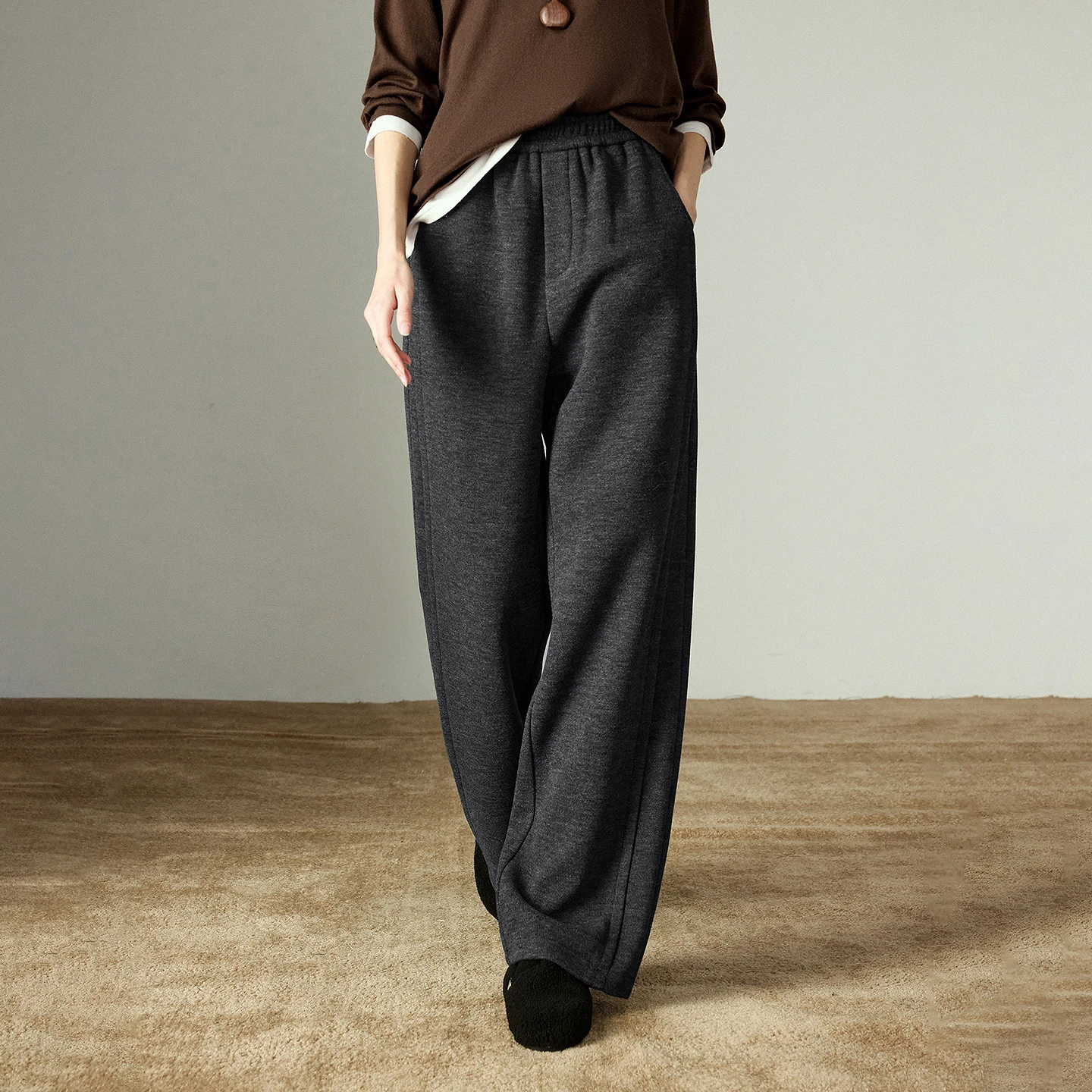 TOYOUTH سراويل تقليدية نسائية 2025 شتاء جديد كسول اللف محبوك الصوف مرونة الخصر الربط تصميم بنطال ذو قصة أرجل واسعة