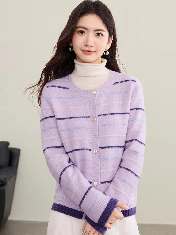 

SENTUBILA Women's Rainbow Striped Cardigan Wool Blend Sweater 2025 Autumn Pearl Buttons O-Neck Long Sleeve Knit Coat W53EB3510
