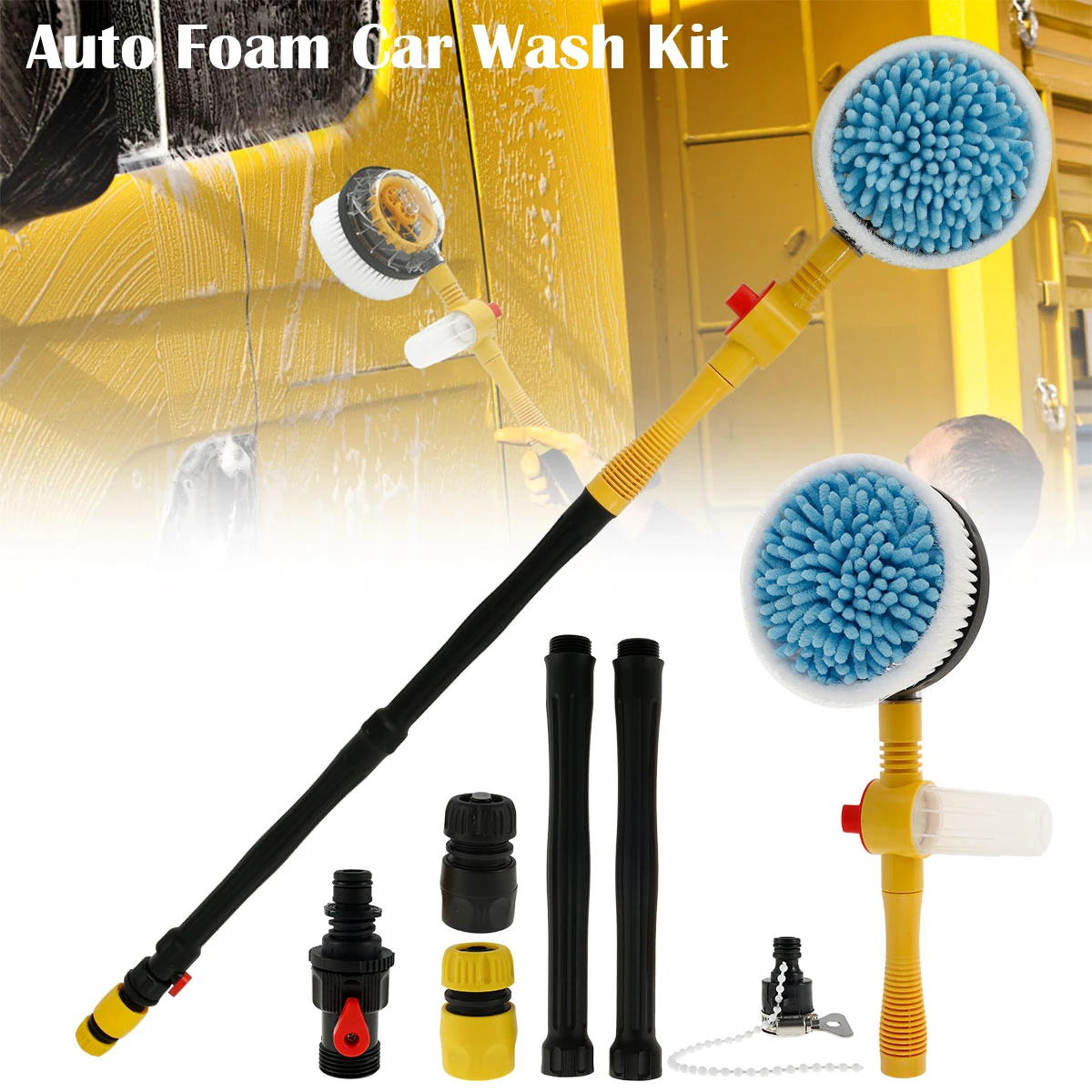 

Auto Rotating Car Wash Brush Car Window Cleaner Brush Kit 360° Spin Head Portable Chenille Car Scrub Brush With Long Handle