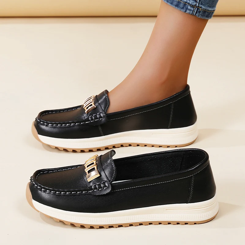 Mocasines verdes para mujer, zapatos sin cordones con plataforma, zapatos informales de cuero cómodos antideslizantes para mujer, zapatos náuticos de talla grande 36-44