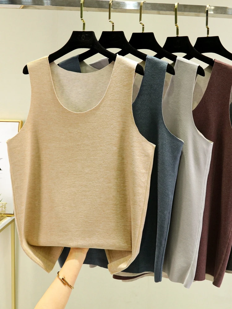 Men's Thermal Fleece Vest Thickened Warmth No-Show Inner Wear Autumn Winter Sleeveless Self-Heating Base Layer Shirt
