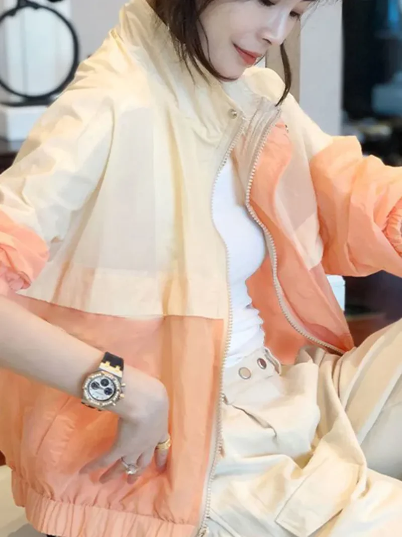 Women's Thin Spring And Autumn New Breathable Loose All-match Fashion Spliced Zipper Hooded Long Sleeve Sunscreen Clothing Coats