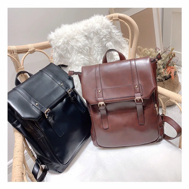 Fashion Women Backpack PU Leather School Bag Vintage Large Schoolbag For Teenage Girls Brown Black Backpacks Men Rucksack XA30H