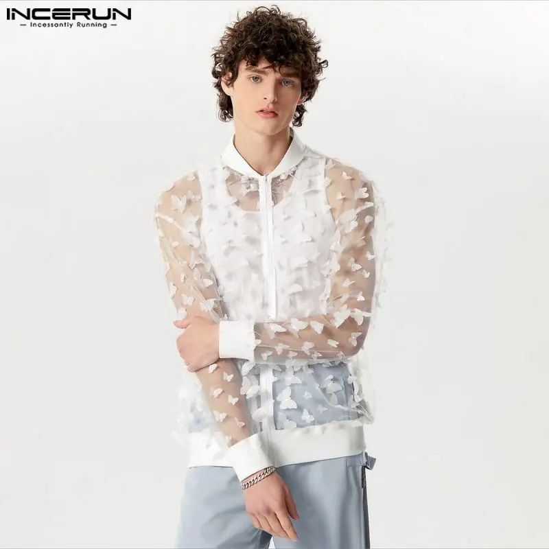 Fashion Casual Style Tops INCERUN 2024 New Mens Personality Pattern Mesh Shirts Handsome Male Hot Sale Long Sleeved Blouse S-5XL