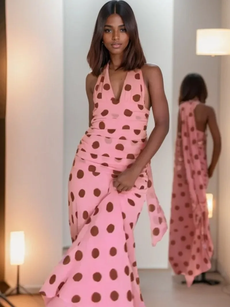 Holiday Backless Vintage Beach Party Dress for Women 2025 Summer New Women's Fashion Simple Hanging Neck Wave Dot Long Dress