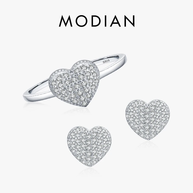 

MODIAN Authentic 925 Sterling Silver Romantic Heart Love Sparkling Clear Cubic Zircon Jewelry Sets For Women Anniversary Gifts