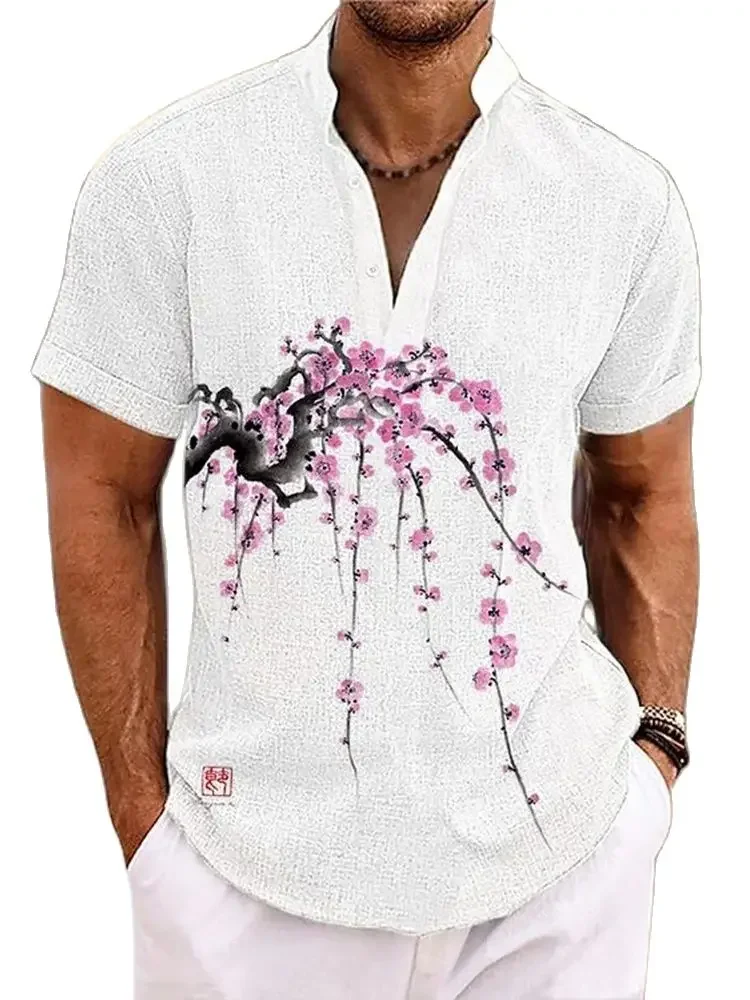 

2024 Cross border men's summer new product 3D printed Chinese style plum blossom shirt, refreshing and casual short sleeved