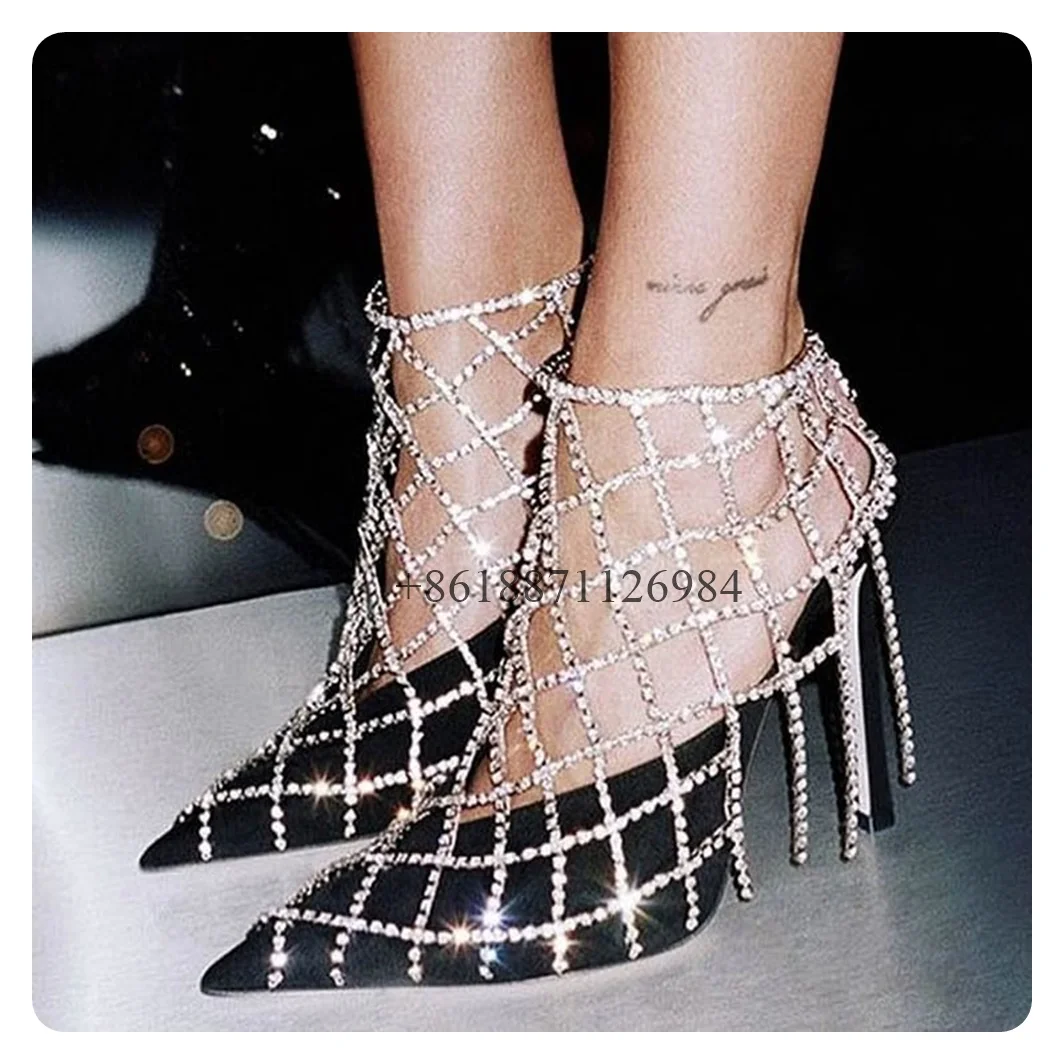 Bling Rhinestone Chain Pointed Toe Women Pumps Shoes Stiletto High Heels Buckle Strap Design Large Size Wedding Shoes