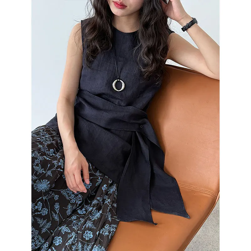 Camicia con cinturino in vita senza maniche dal temperamento coreano Camicia estiva da donna nuova in ramie traspirante