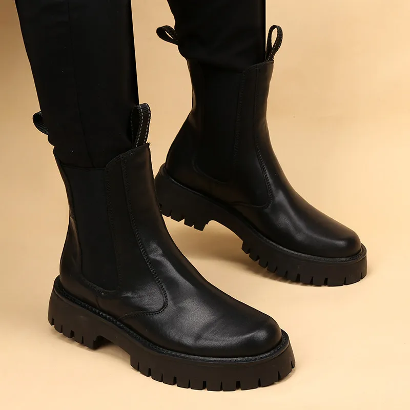 men fashion party banquet high chelsea boots natural leather platform shoes cowboy autumn winter boot handsome long knight botas