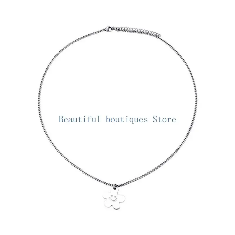 U4LF Adjustable Flower Smiling Face Necklace Fashionable Pendant Neck Chain Trend Neckwear Jewelry for Stylish Individuals