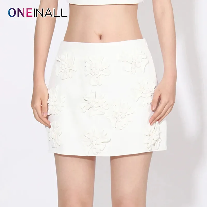 

ONEINALL Patchwork Appliques White Skirts For Women High Waist Spliced Zipper Solid A Line Summer Casual Mini Dress Female 2024