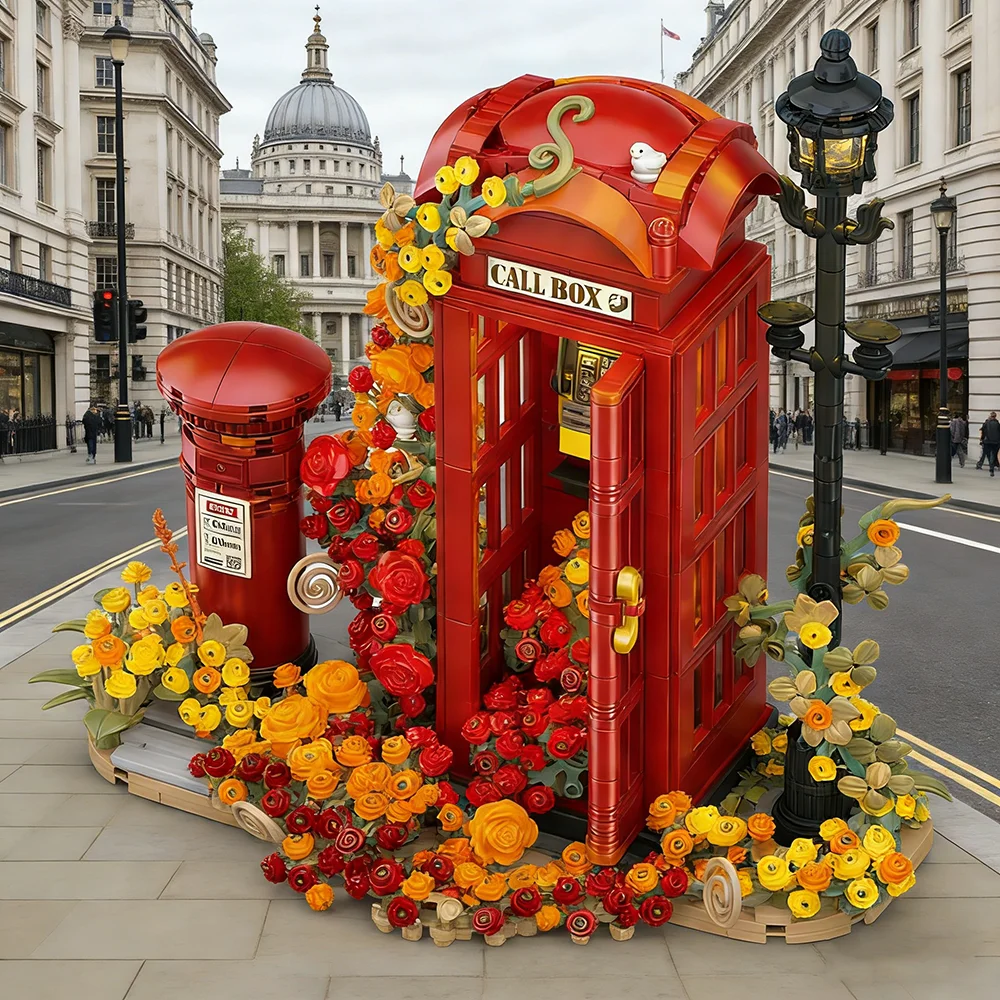 

Idea Bricks City Street View Building Block England London Retro Telephone Booth Flower Mailbox Toys With Light For Kids Gifts