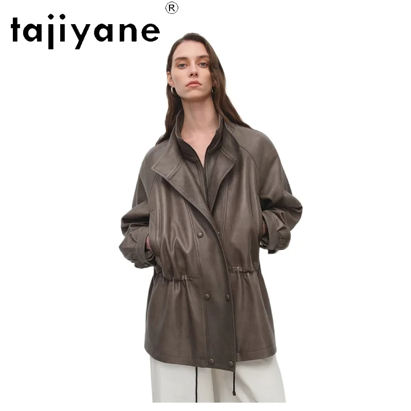 

TAJIYANE 100% Sheepskin Genuine Leather Jacket Woman Retro Waxed Drawstring Waist Padded Shoulder Coat 2026 Women Clothes 여성가죽자켓
