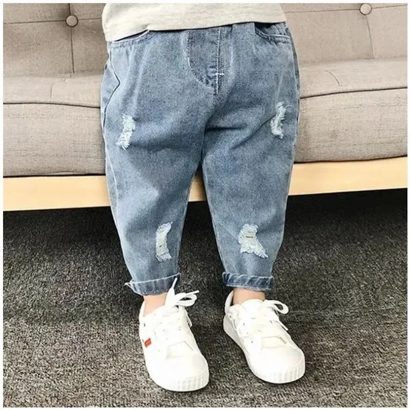Children Jeans Spring Autumn Boys Girls Denim Ripped Jeans Korean Fashion Kids Trousers Toddler Casual Loose Pants